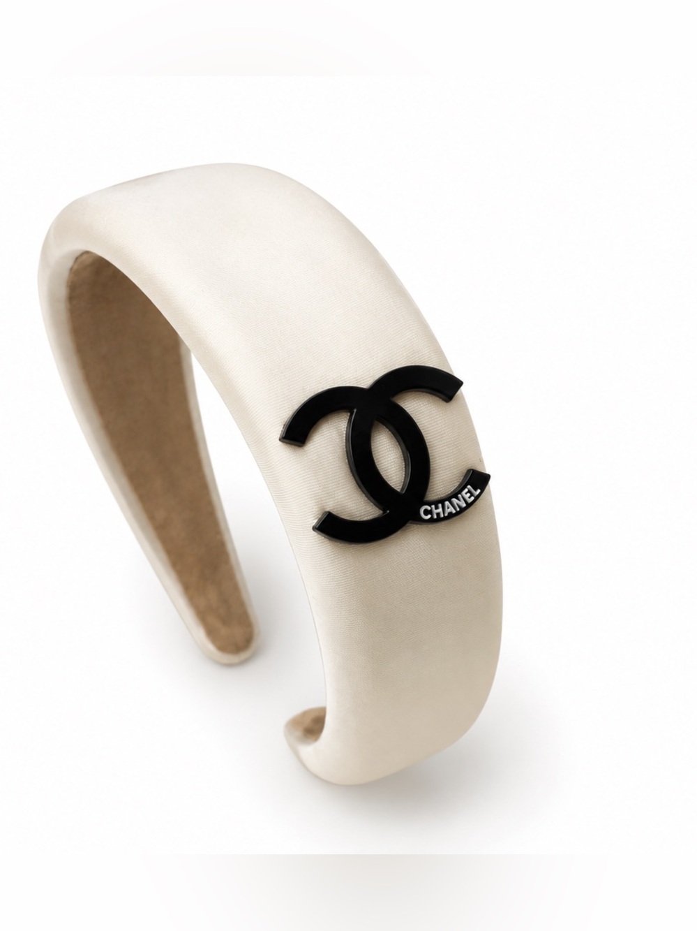 CHANEL Cream Satin Padded Headband with Black CC Emblem